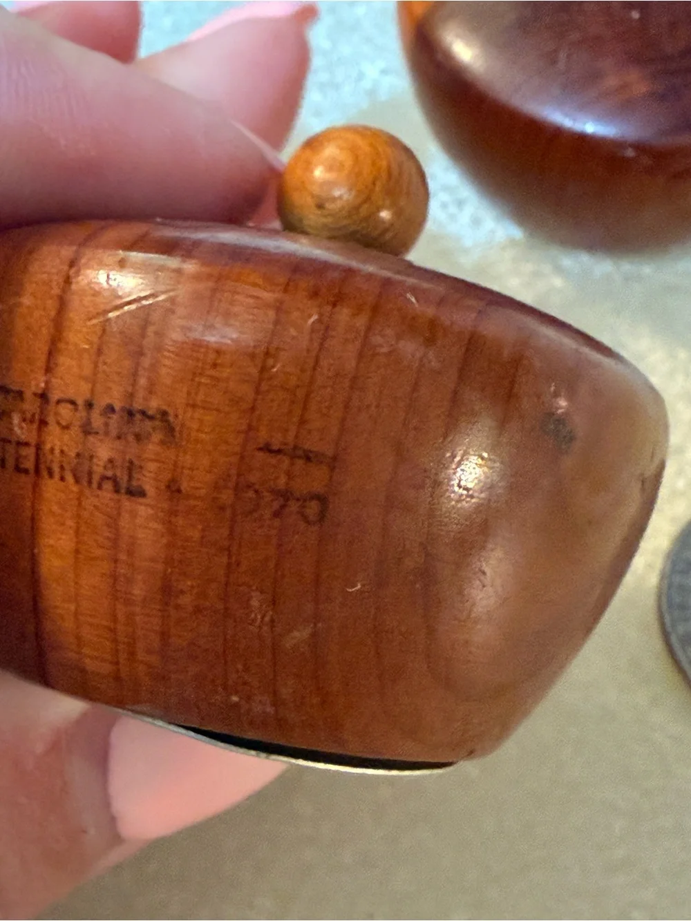 Vintage 1970 SC Tricentennial Carved Wooden Salt & Pepper Set in Warm Brown